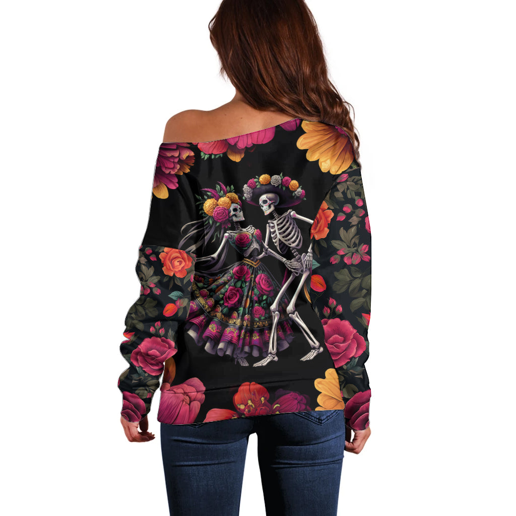 Day of Dead Couple Off Shoulder Sweater Sugar Skull Couple Dancing - Wonder Print Shop