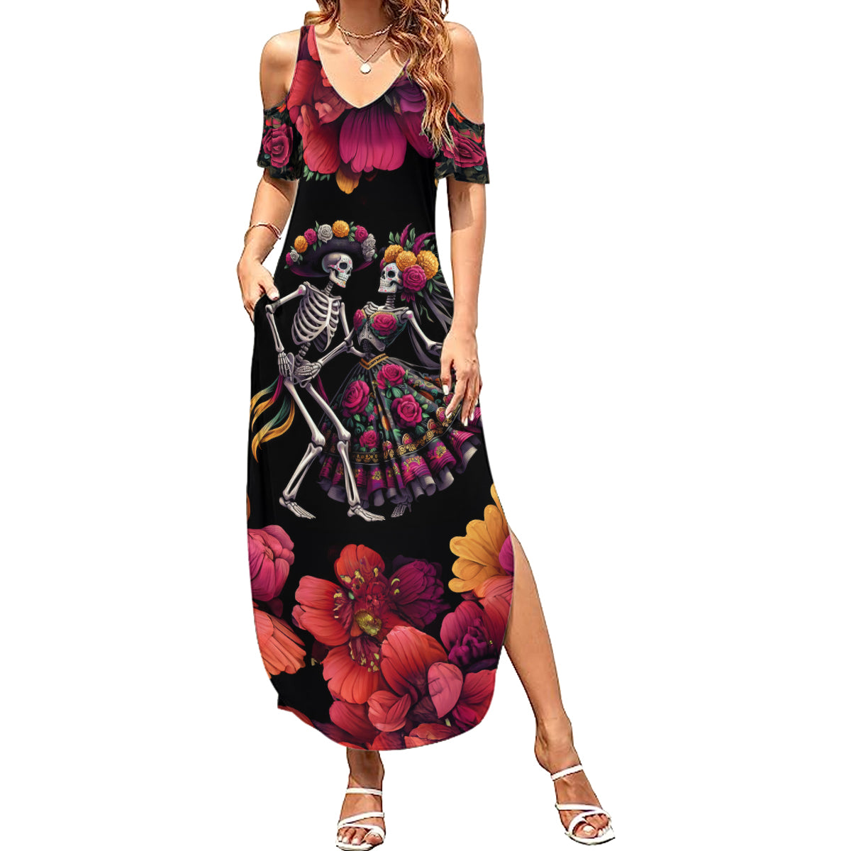 Day of Dead Couple Summer Maxi Dress Sugar Skull Couple Dancing - Wonder Print Shop