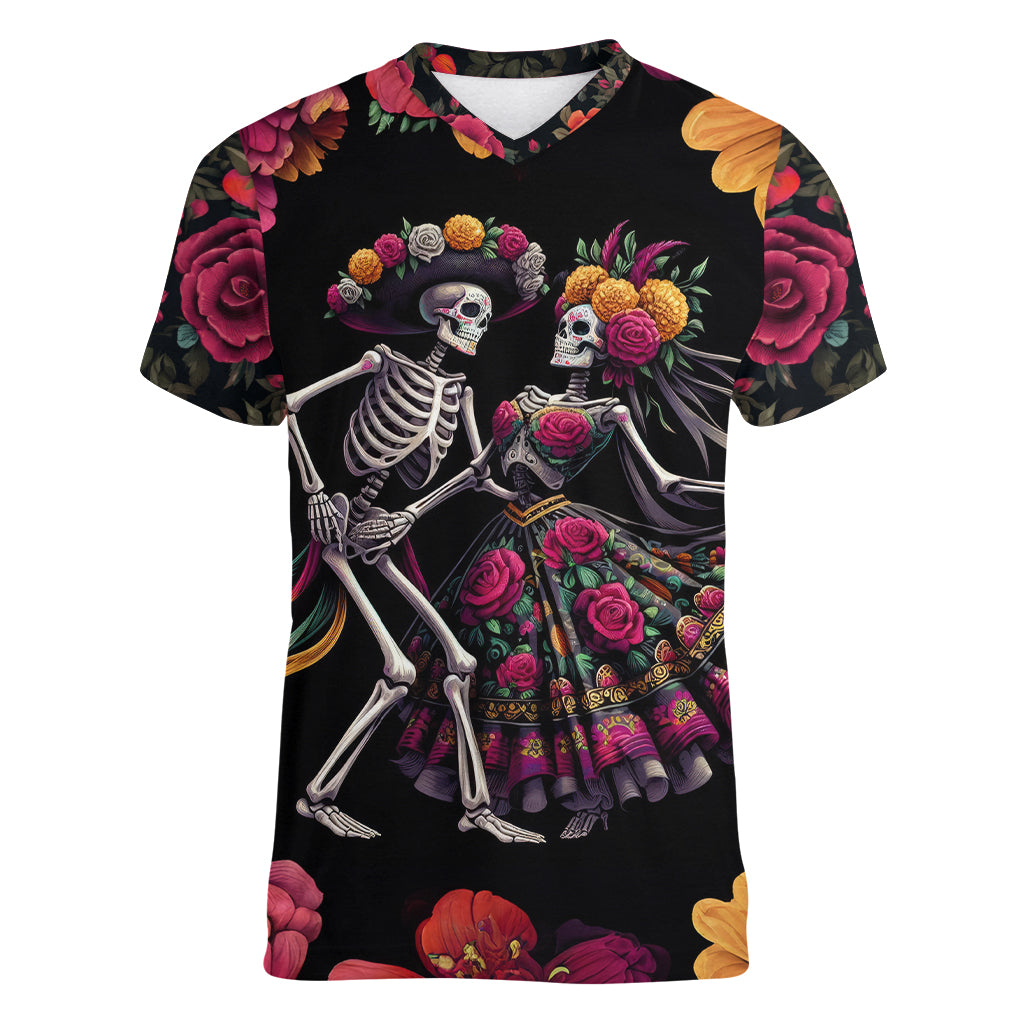 Day of Dead Couple Women V Neck T Shirt Sugar Skull Couple Dancing - Wonder Print Shop