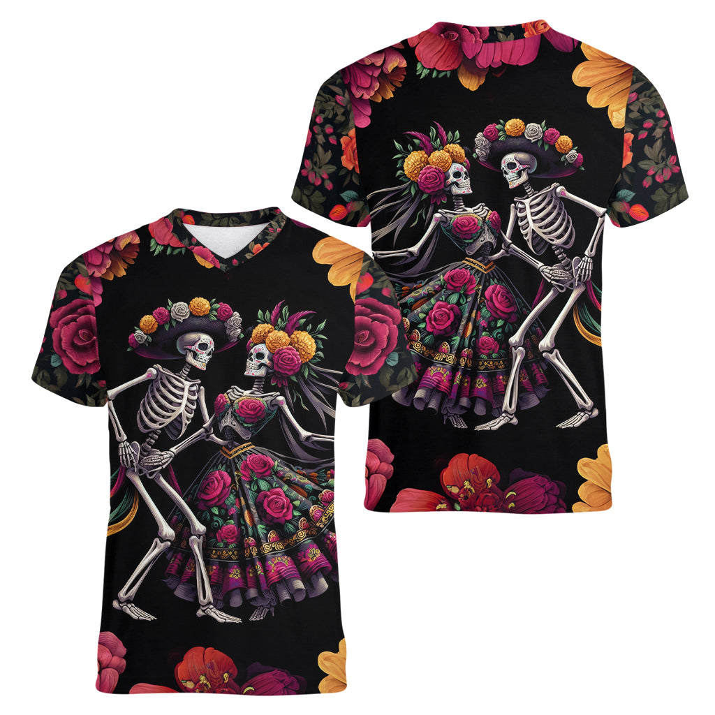 Day of Dead Couple Women V Neck T Shirt Sugar Skull Couple Dancing - Wonder Print Shop