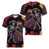 Day of Dead Couple Women V Neck T Shirt Sugar Skull Couple Dancing - Wonder Print Shop