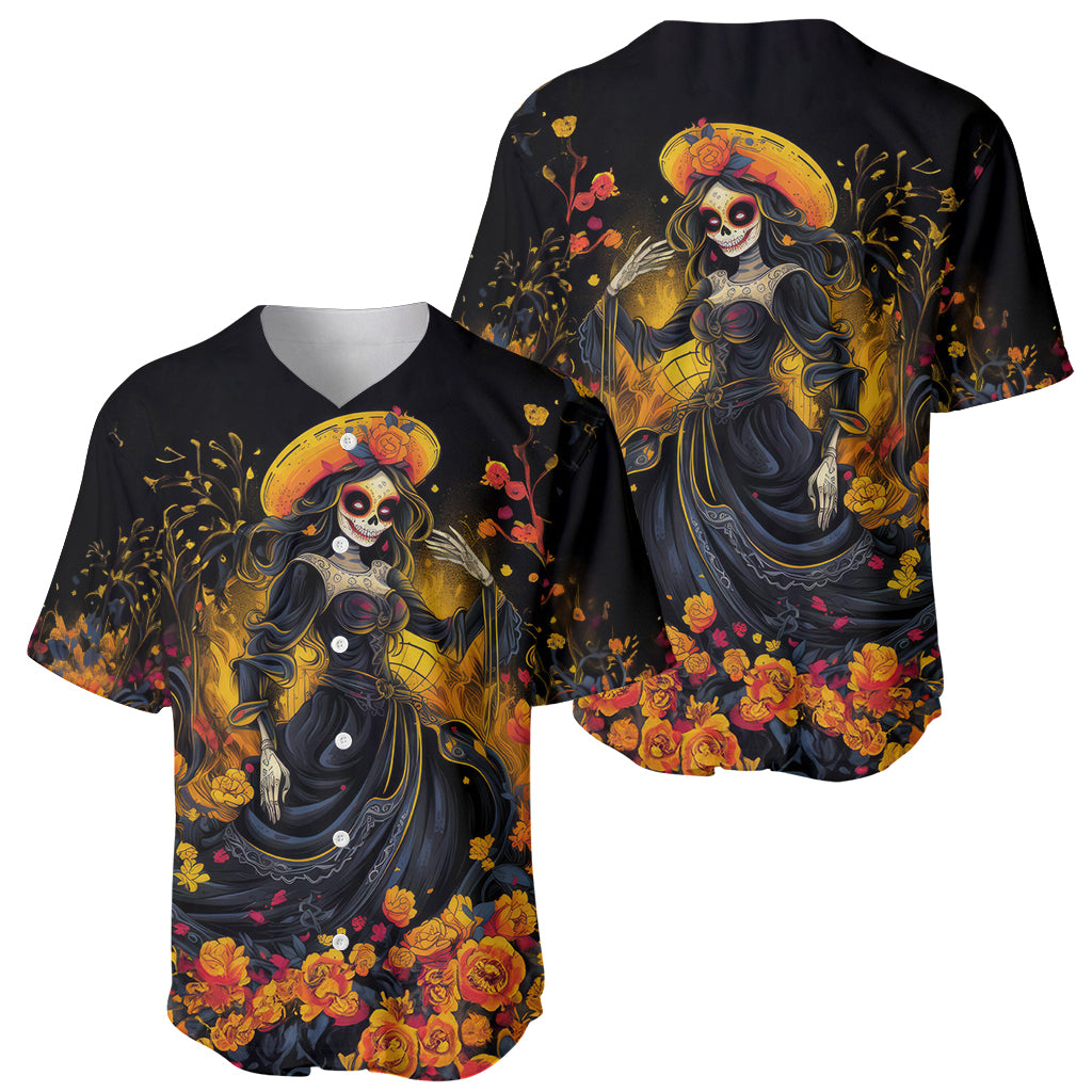 Day of Dead Lady Baseball Jersey Sugar Skull Field Marigold Lady - Wonder Print Shop