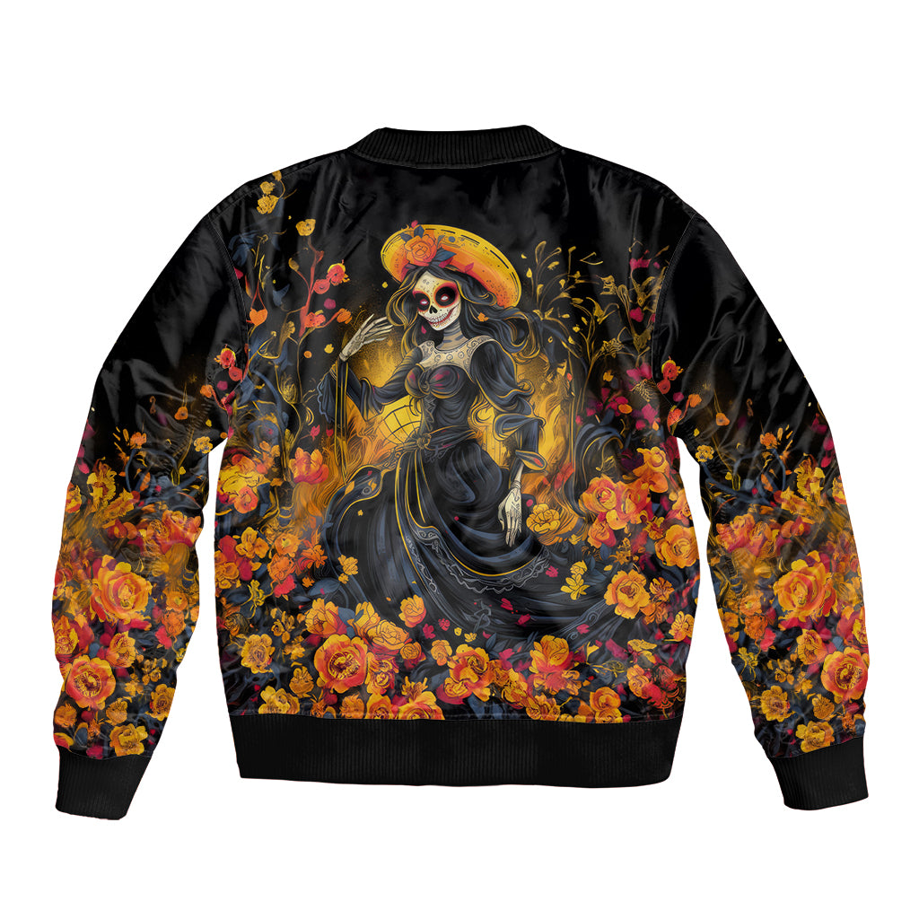 Day of Dead Lady Bomber Jacket Sugar Skull Field Marigold Lady - Wonder Print Shop