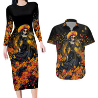 Day of Dead Lady Couples Matching Long Sleeve Bodycon Dress and Hawaiian Shirt Sugar Skull Field Marigold Lady - Wonder Print Shop