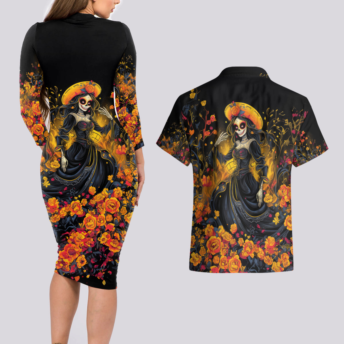 Day of Dead Lady Couples Matching Long Sleeve Bodycon Dress and Hawaiian Shirt Sugar Skull Field Marigold Lady - Wonder Print Shop