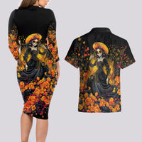 Day of Dead Lady Couples Matching Long Sleeve Bodycon Dress and Hawaiian Shirt Sugar Skull Field Marigold Lady - Wonder Print Shop