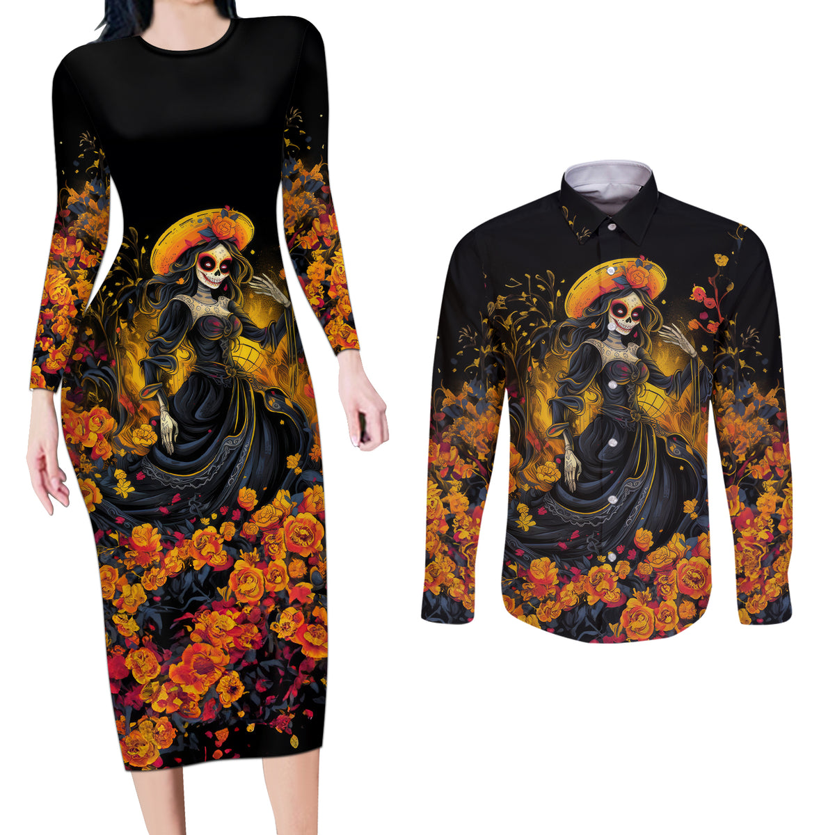 Day of Dead Lady Couples Matching Long Sleeve Bodycon Dress and Long Sleeve Button Shirt Sugar Skull Field Marigold Lady - Wonder Print Shop
