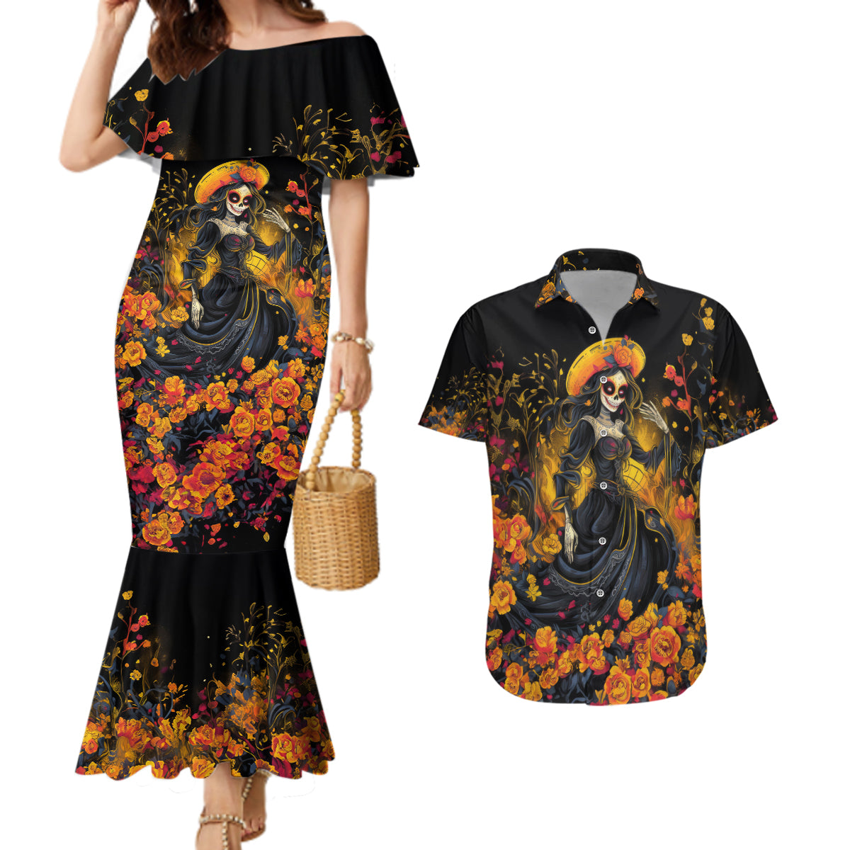 Day of Dead Lady Couples Matching Mermaid Dress and Hawaiian Shirt Sugar Skull Field Marigold Lady - Wonder Print Shop
