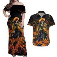 Day of Dead Lady Couples Matching Off Shoulder Maxi Dress and Hawaiian Shirt Sugar Skull Field Marigold Lady - Wonder Print Shop