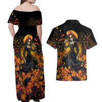 Day of Dead Lady Couples Matching Off Shoulder Maxi Dress and Hawaiian Shirt Sugar Skull Field Marigold Lady - Wonder Print Shop