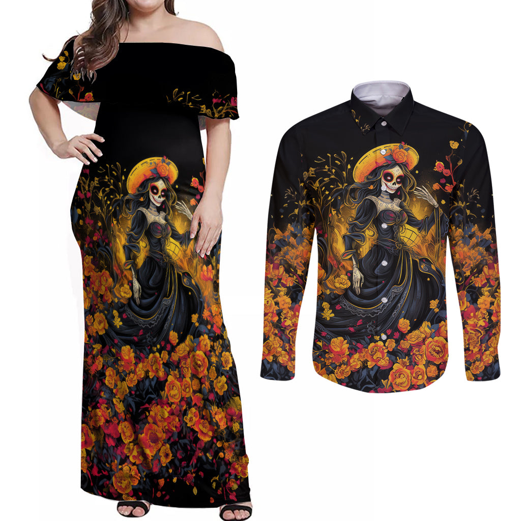 Day of Dead Lady Couples Matching Off Shoulder Maxi Dress and Long Sleeve Button Shirt Sugar Skull Field Marigold Lady - Wonder Print Shop