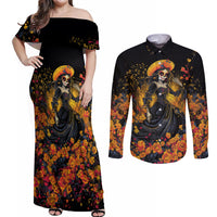 Day of Dead Lady Couples Matching Off Shoulder Maxi Dress and Long Sleeve Button Shirt Sugar Skull Field Marigold Lady - Wonder Print Shop