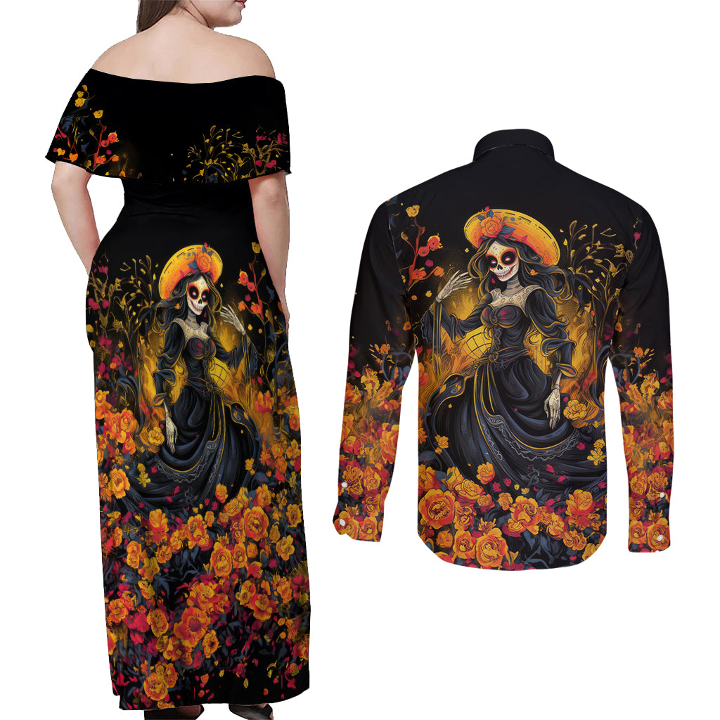 Day of Dead Lady Couples Matching Off Shoulder Maxi Dress and Long Sleeve Button Shirt Sugar Skull Field Marigold Lady - Wonder Print Shop