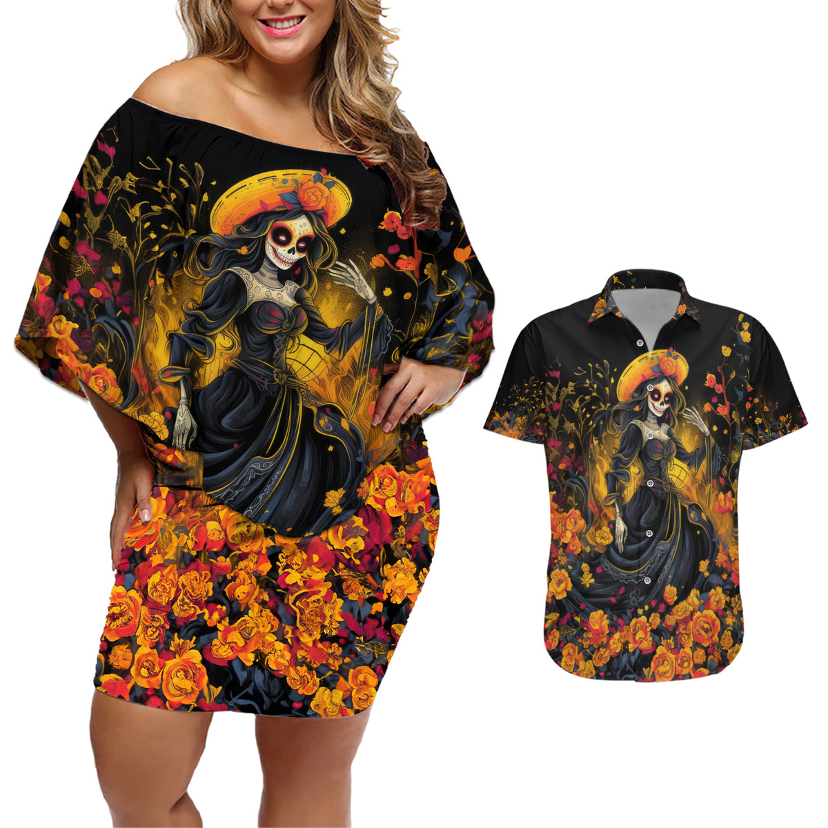 Day of Dead Lady Couples Matching Off Shoulder Short Dress and Hawaiian Shirt Sugar Skull Field Marigold Lady - Wonder Print Shop