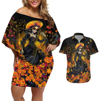 Day of Dead Lady Couples Matching Off Shoulder Short Dress and Hawaiian Shirt Sugar Skull Field Marigold Lady - Wonder Print Shop