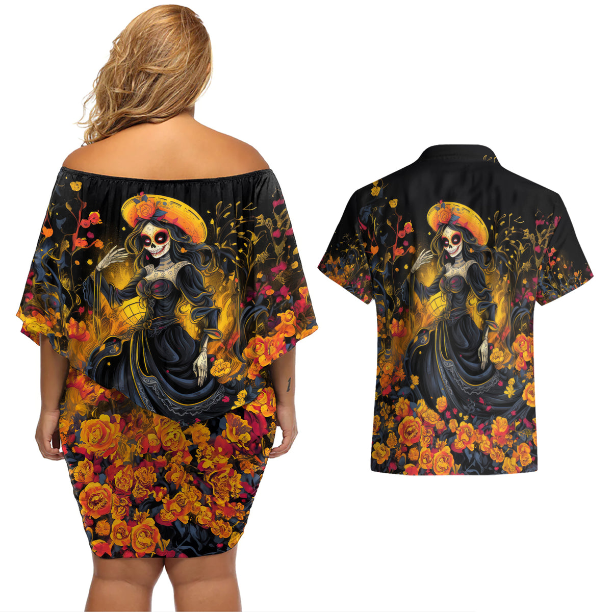Day of Dead Lady Couples Matching Off Shoulder Short Dress and Hawaiian Shirt Sugar Skull Field Marigold Lady - Wonder Print Shop