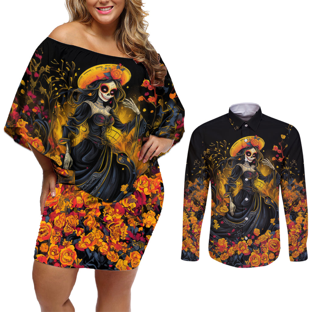 Day of Dead Lady Couples Matching Off Shoulder Short Dress and Long Sleeve Button Shirt Sugar Skull Field Marigold Lady - Wonder Print Shop