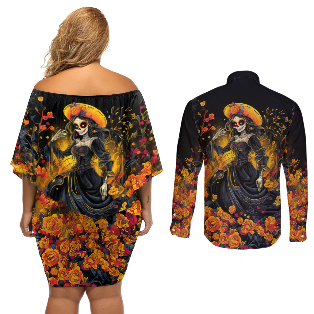 Day of Dead Lady Couples Matching Off Shoulder Short Dress and Long Sleeve Button Shirt Sugar Skull Field Marigold Lady - Wonder Print Shop