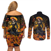 Day of Dead Lady Couples Matching Off Shoulder Short Dress and Long Sleeve Button Shirt Sugar Skull Field Marigold Lady - Wonder Print Shop