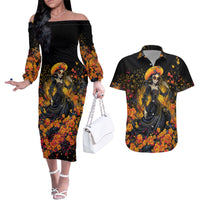 Day of Dead Lady Couples Matching Off The Shoulder Long Sleeve Dress and Hawaiian Shirt Sugar Skull Field Marigold Lady - Wonder Print Shop