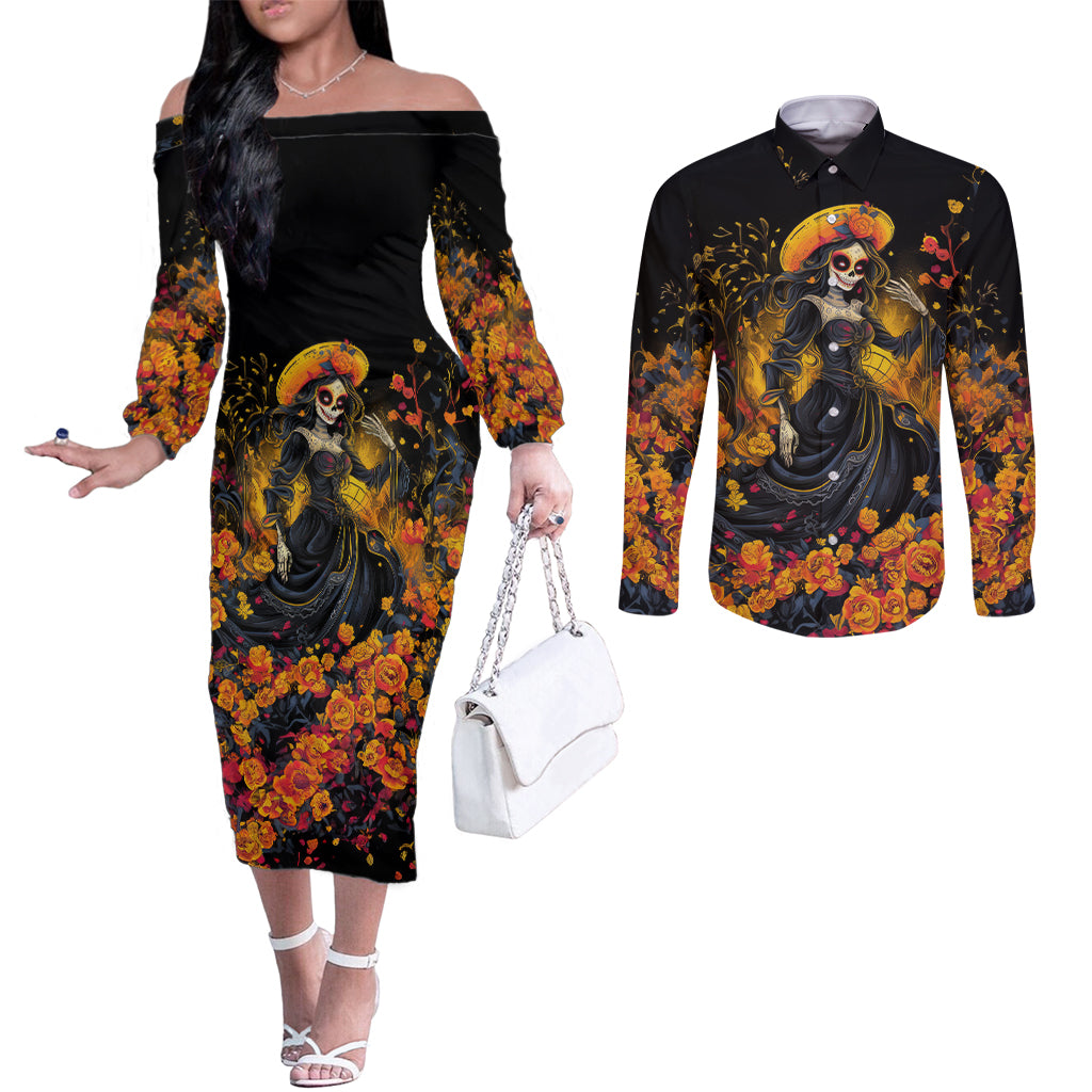 day-of-dead-lady-couples-matching-off-the-shoulder-long-sleeve-dress-and-long-sleeve-button-shirt-sugar-skull-field-marigold-lady