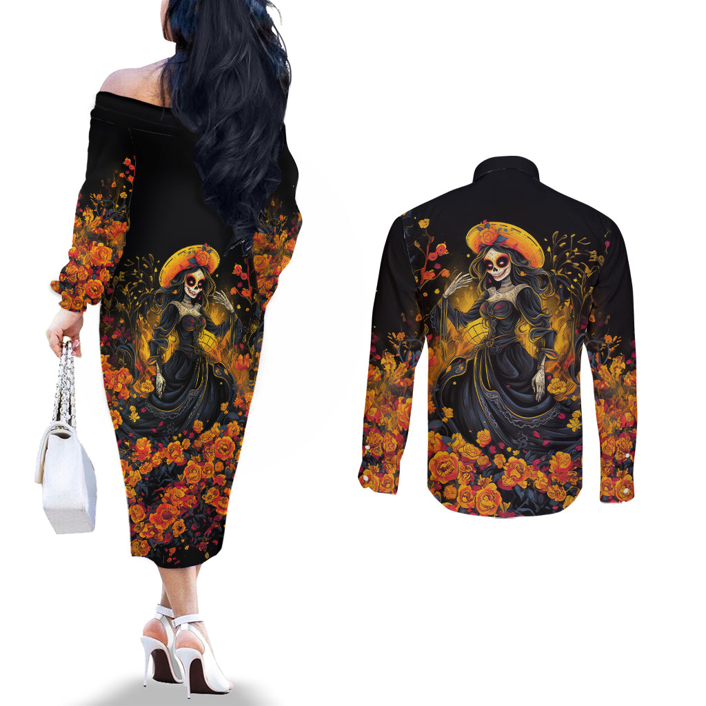 day-of-dead-lady-couples-matching-off-the-shoulder-long-sleeve-dress-and-long-sleeve-button-shirt-sugar-skull-field-marigold-lady
