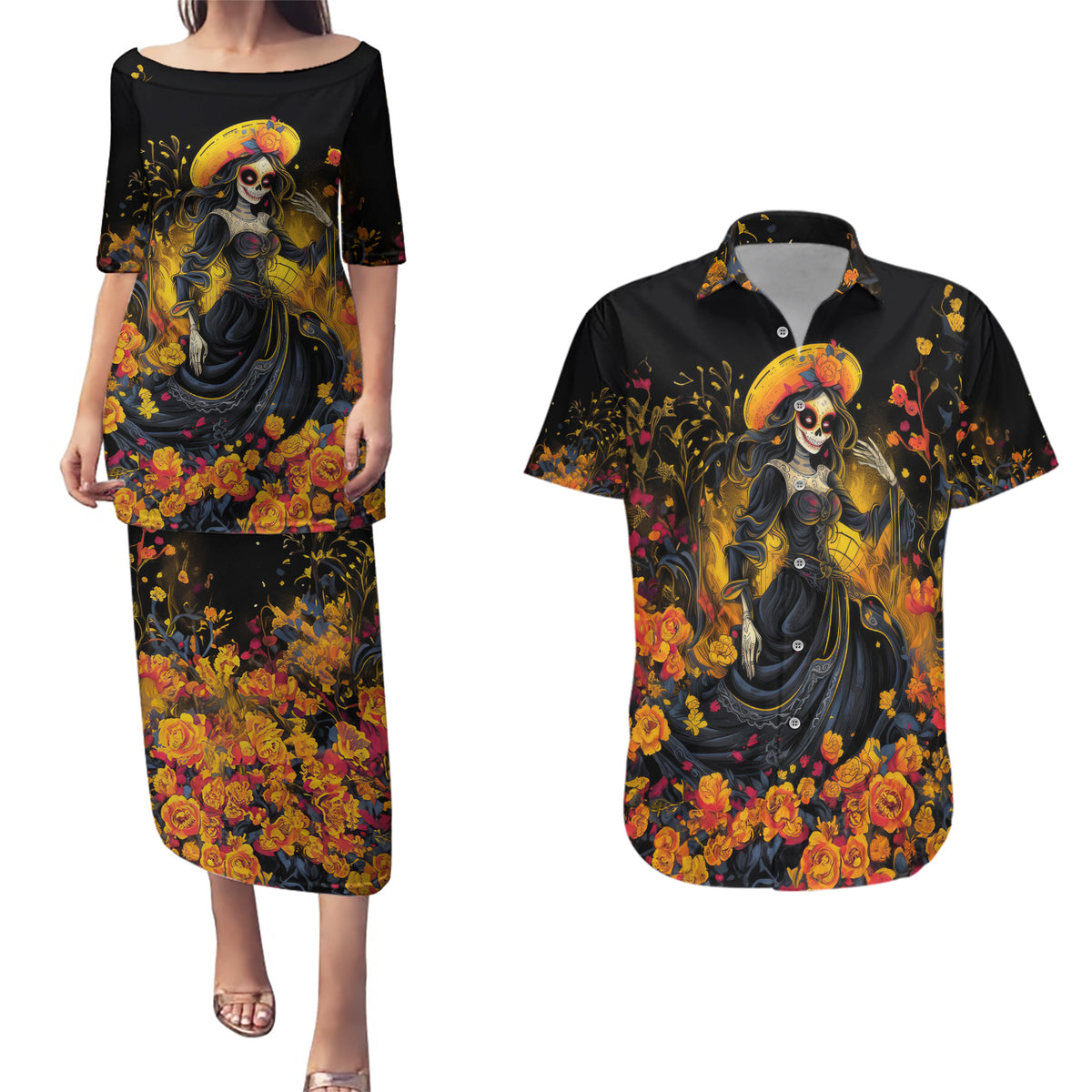 Day of Dead Lady Couples Matching Puletasi Dress and Hawaiian Shirt Sugar Skull Field Marigold Lady - Wonder Print Shop