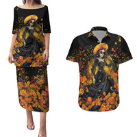 Day of Dead Lady Couples Matching Puletasi Dress and Hawaiian Shirt Sugar Skull Field Marigold Lady - Wonder Print Shop