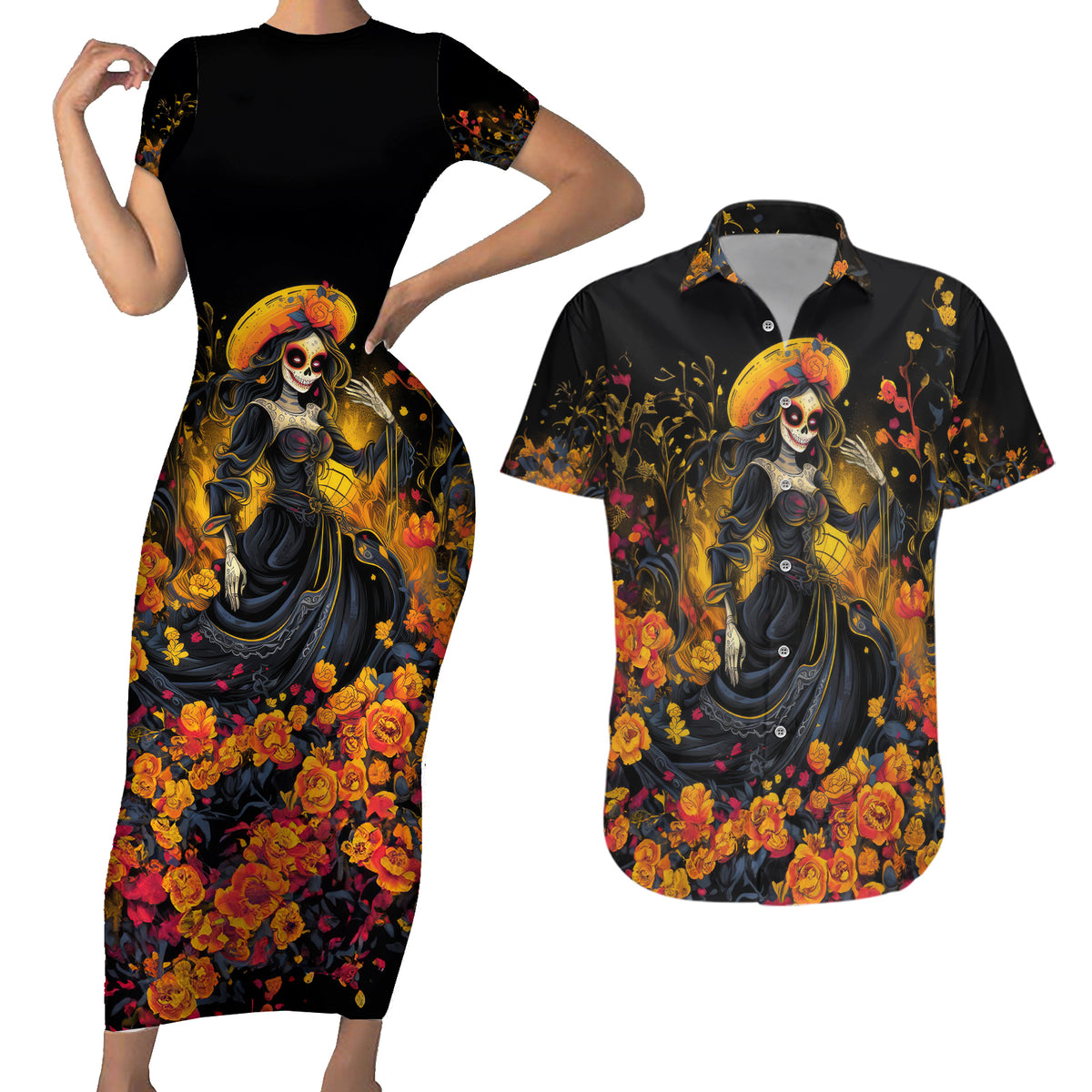 Day of Dead Lady Couples Matching Short Sleeve Bodycon Dress and Hawaiian Shirt Sugar Skull Field Marigold Lady - Wonder Print Shop