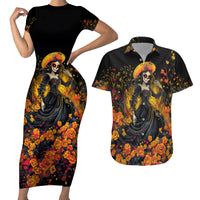 Day of Dead Lady Couples Matching Short Sleeve Bodycon Dress and Hawaiian Shirt Sugar Skull Field Marigold Lady - Wonder Print Shop