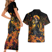 Day of Dead Lady Couples Matching Short Sleeve Bodycon Dress and Hawaiian Shirt Sugar Skull Field Marigold Lady - Wonder Print Shop