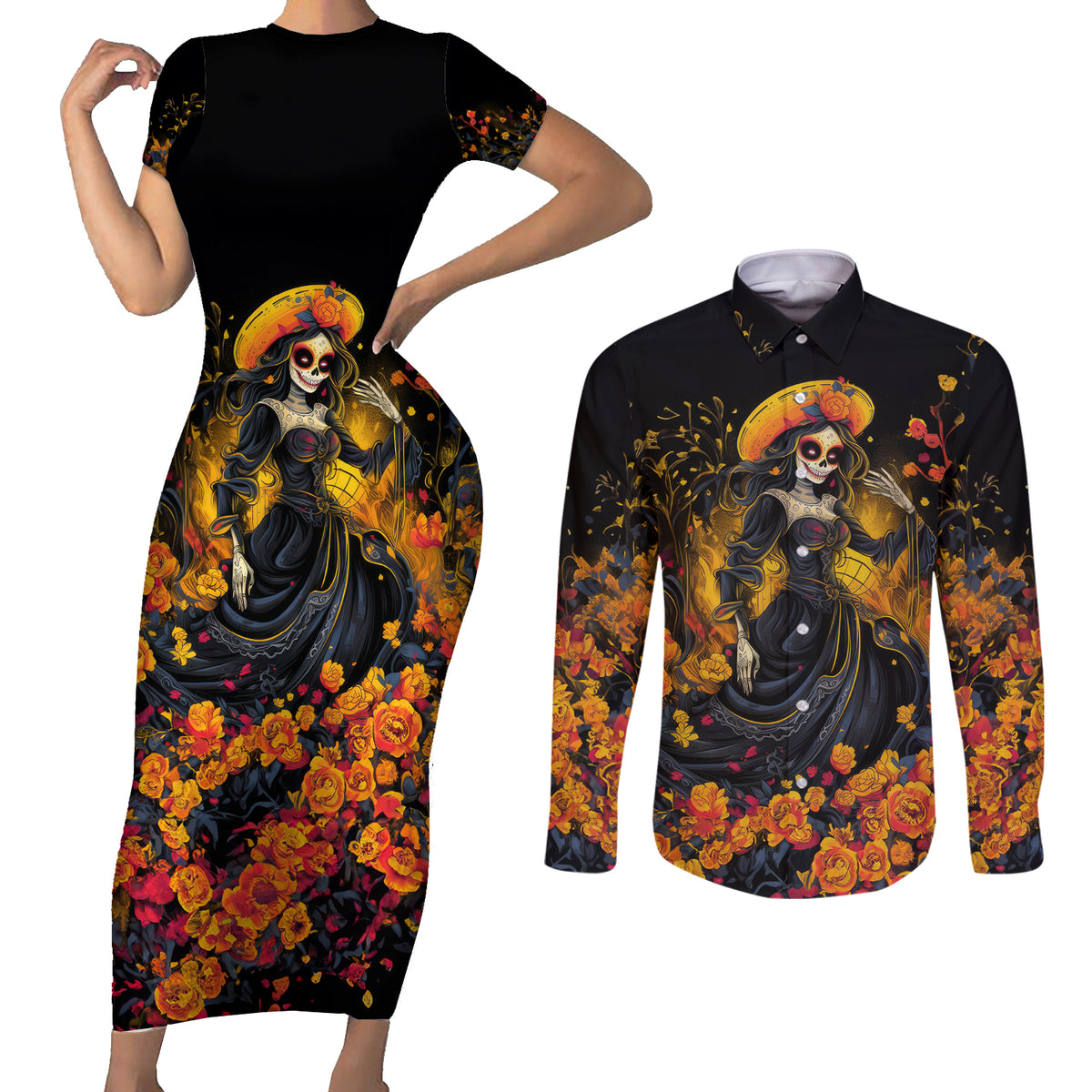 Day of Dead Lady Couples Matching Short Sleeve Bodycon Dress and Long Sleeve Button Shirt Sugar Skull Field Marigold Lady - Wonder Print Shop