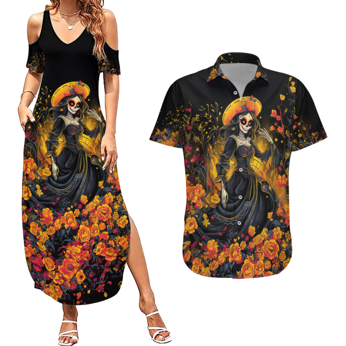 Day of Dead Lady Couples Matching Summer Maxi Dress and Hawaiian Shirt Sugar Skull Field Marigold Lady - Wonder Print Shop