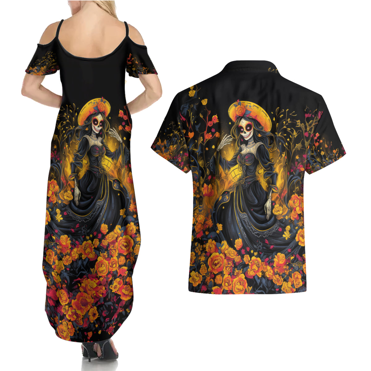 Day of Dead Lady Couples Matching Summer Maxi Dress and Hawaiian Shirt Sugar Skull Field Marigold Lady - Wonder Print Shop