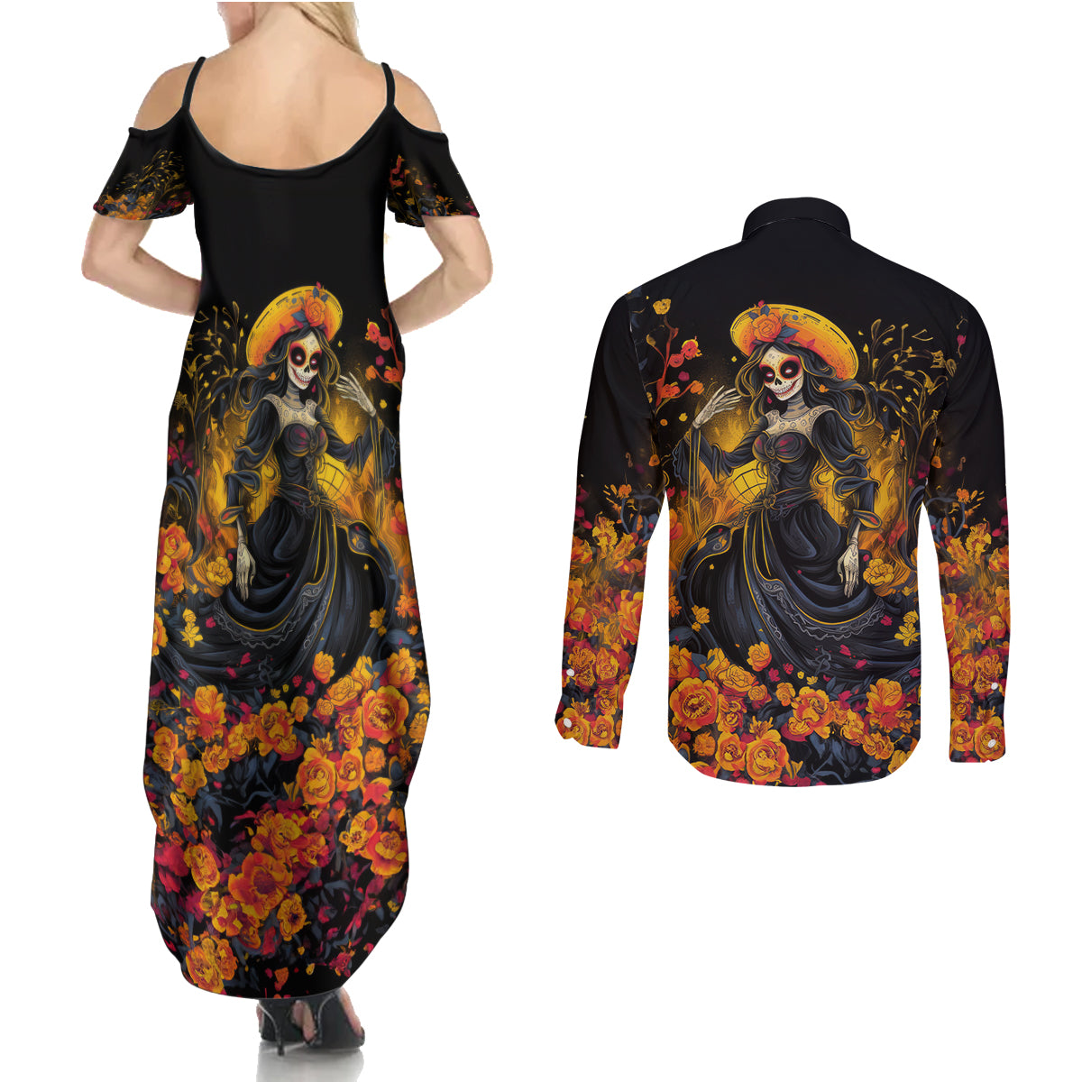 Day of Dead Lady Couples Matching Summer Maxi Dress and Long Sleeve Button Shirt Sugar Skull Field Marigold Lady - Wonder Print Shop