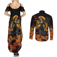 Day of Dead Lady Couples Matching Summer Maxi Dress and Long Sleeve Button Shirt Sugar Skull Field Marigold Lady - Wonder Print Shop