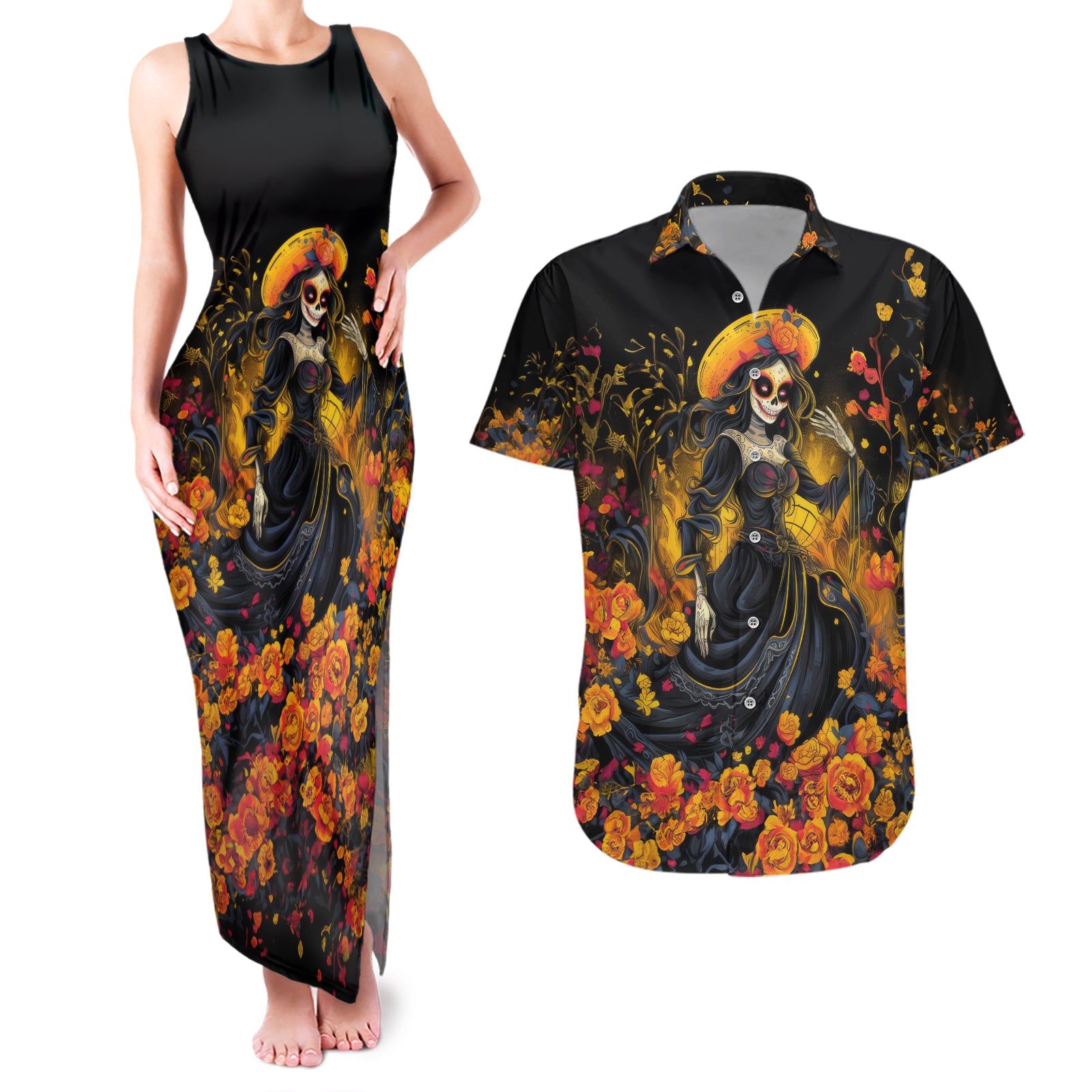 Day of Dead Lady Couples Matching Tank Maxi Dress and Hawaiian Shirt Sugar Skull Field Marigold Lady - Wonder Print Shop