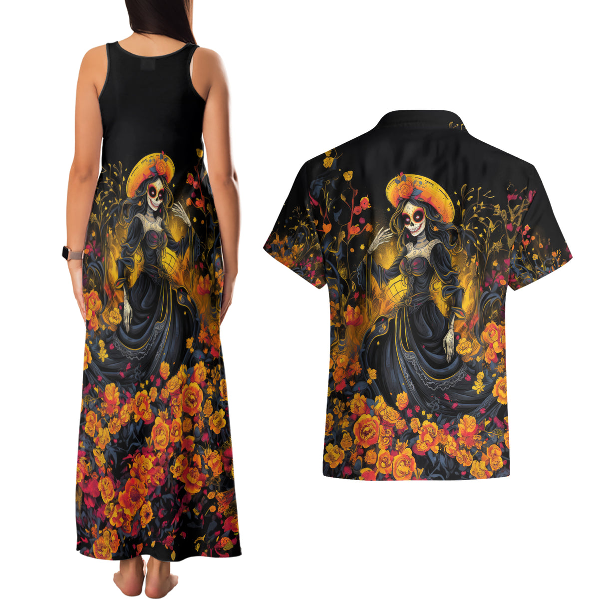 Day of Dead Lady Couples Matching Tank Maxi Dress and Hawaiian Shirt Sugar Skull Field Marigold Lady - Wonder Print Shop