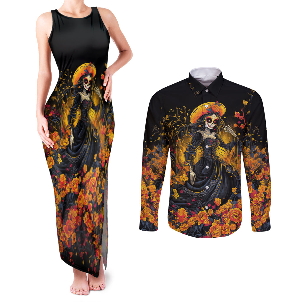 Day of Dead Lady Couples Matching Tank Maxi Dress and Long Sleeve Button Shirt Sugar Skull Field Marigold Lady - Wonder Print Shop