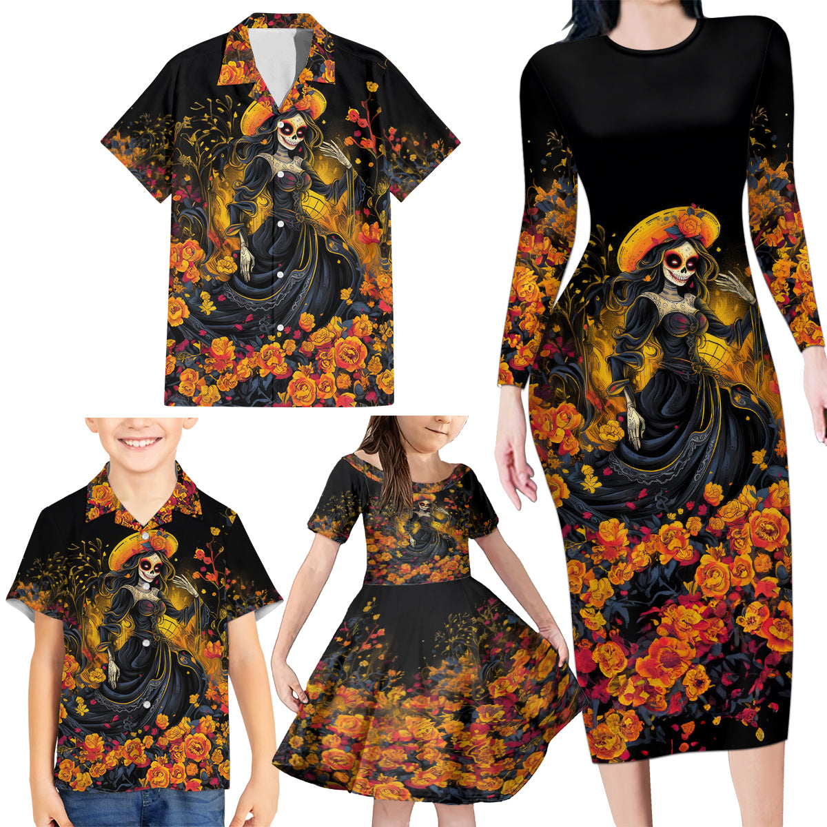Day of Dead Lady Family Matching Long Sleeve Bodycon Dress and Hawaiian Shirt Sugar Skull Field Marigold Lady - Wonder Print Shop
