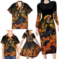 Day of Dead Lady Family Matching Long Sleeve Bodycon Dress and Hawaiian Shirt Sugar Skull Field Marigold Lady - Wonder Print Shop