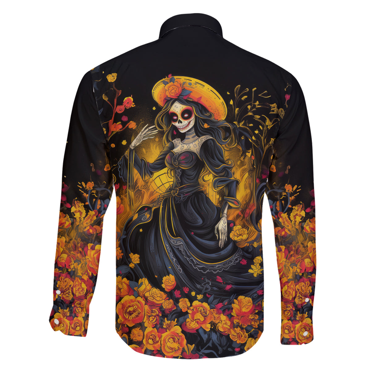 Day of Dead Lady Family Matching Long Sleeve Bodycon Dress and Hawaiian Shirt Sugar Skull Field Marigold Lady - Wonder Print Shop