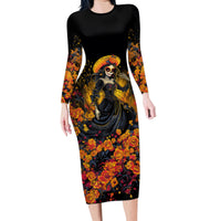 Day of Dead Lady Family Matching Long Sleeve Bodycon Dress and Hawaiian Shirt Sugar Skull Field Marigold Lady - Wonder Print Shop