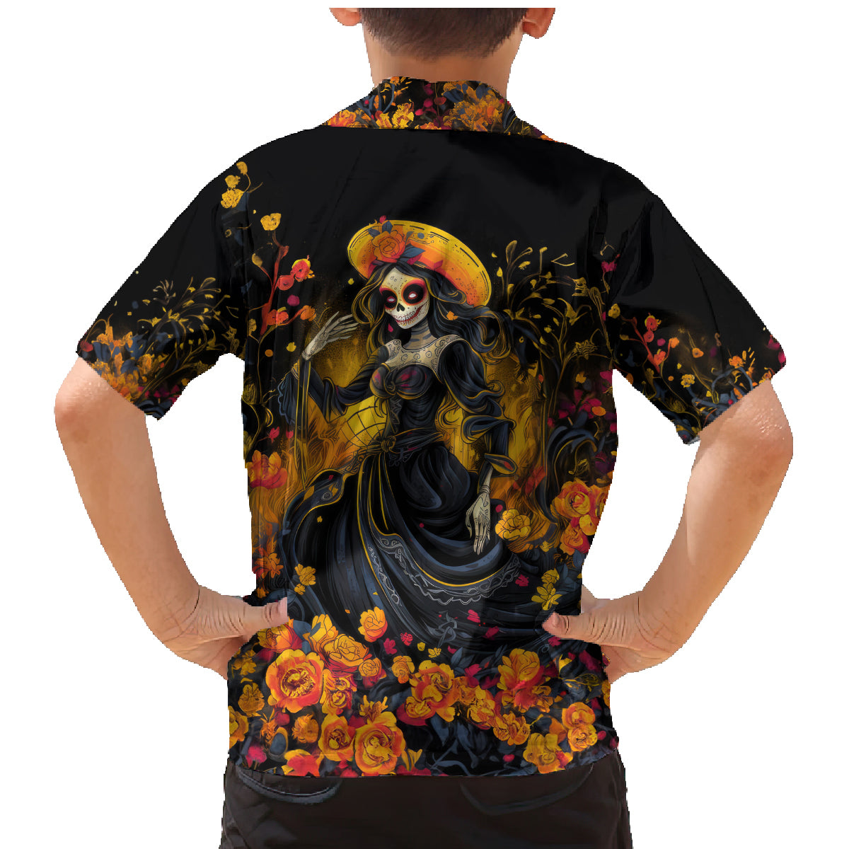 Day of Dead Lady Family Matching Mermaid Dress and Hawaiian Shirt Sugar Skull Field Marigold Lady - Wonder Print Shop
