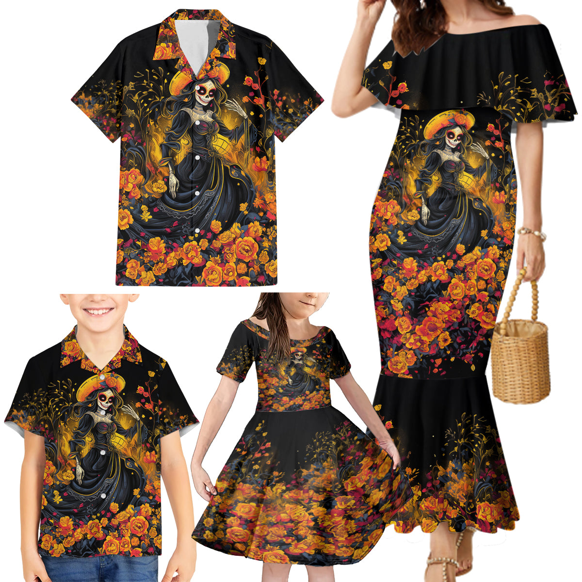 Day of Dead Lady Family Matching Mermaid Dress and Hawaiian Shirt Sugar Skull Field Marigold Lady - Wonder Print Shop