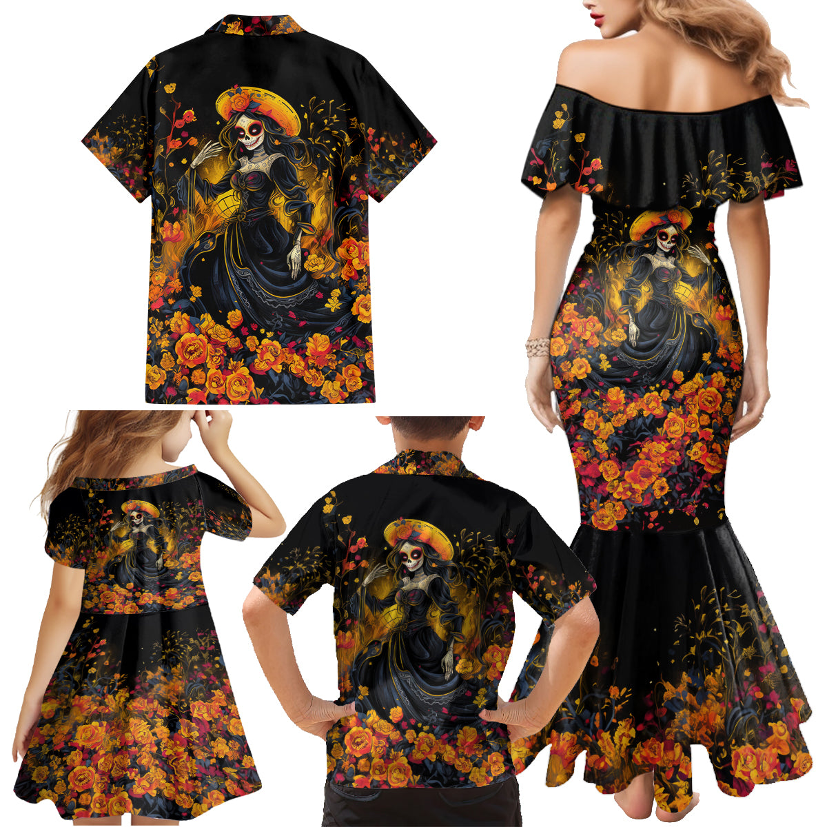 Day of Dead Lady Family Matching Mermaid Dress and Hawaiian Shirt Sugar Skull Field Marigold Lady - Wonder Print Shop