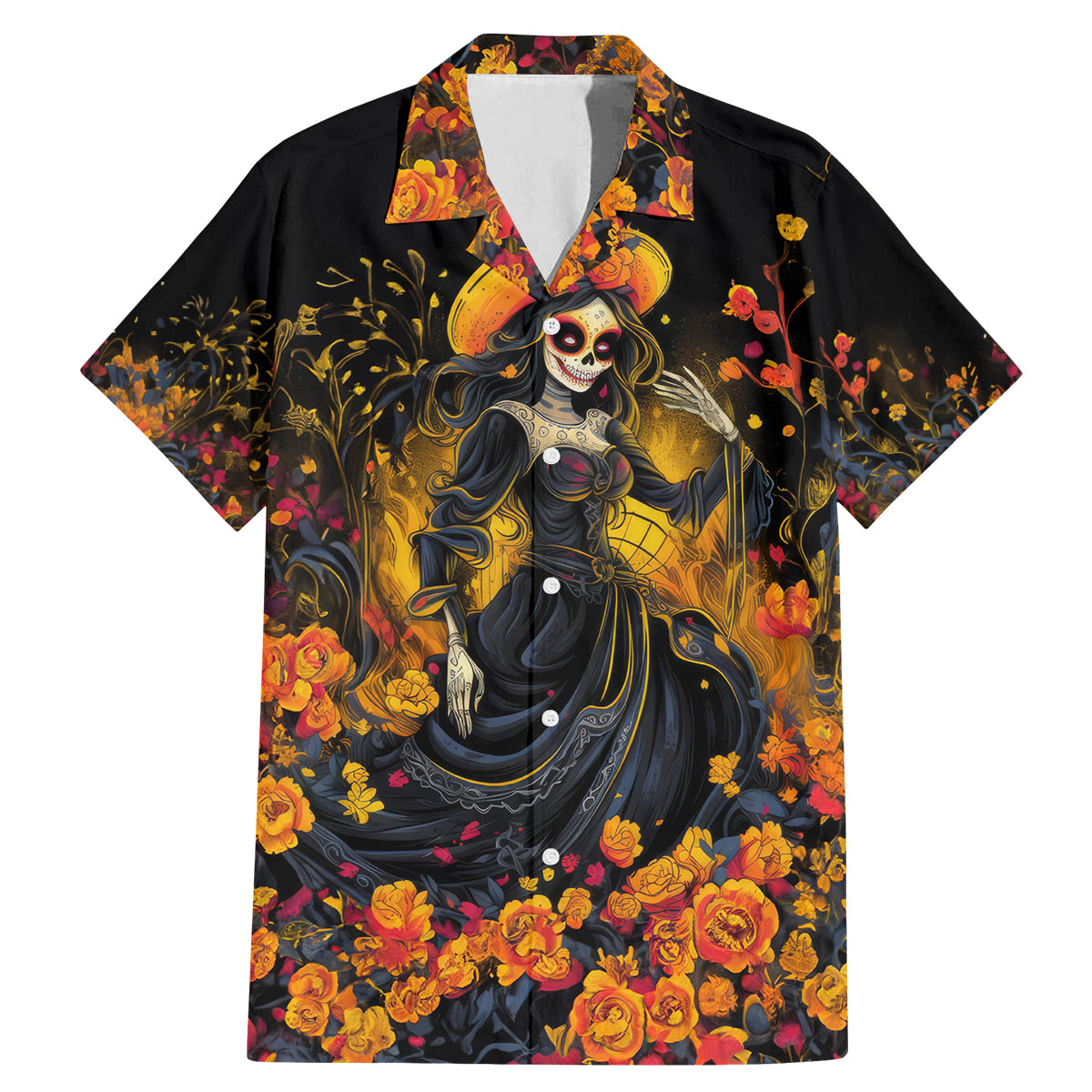 Day of Dead Lady Family Matching Mermaid Dress and Hawaiian Shirt Sugar Skull Field Marigold Lady - Wonder Print Shop
