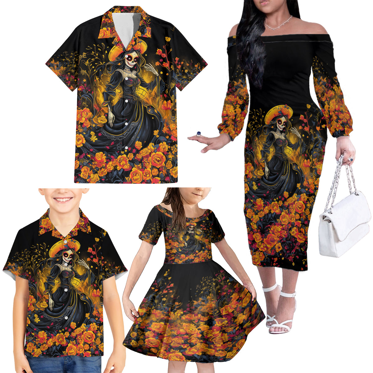 Day of Dead Lady Family Matching Off Shoulder Long Sleeve Dress and Hawaiian Shirt Sugar Skull Field Marigold Lady - Wonder Print Shop