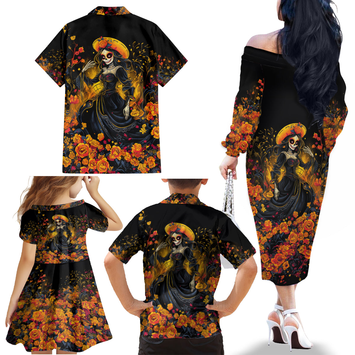 Day of Dead Lady Family Matching Off Shoulder Long Sleeve Dress and Hawaiian Shirt Sugar Skull Field Marigold Lady - Wonder Print Shop