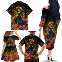 Day of Dead Lady Family Matching Off Shoulder Long Sleeve Dress and Hawaiian Shirt Sugar Skull Field Marigold Lady - Wonder Print Shop